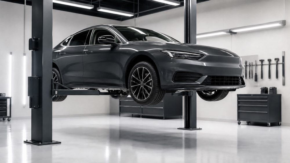 Συνεργείο detailing με αυτοκίνητο σε ανύψωση και φώτα ελέγχου