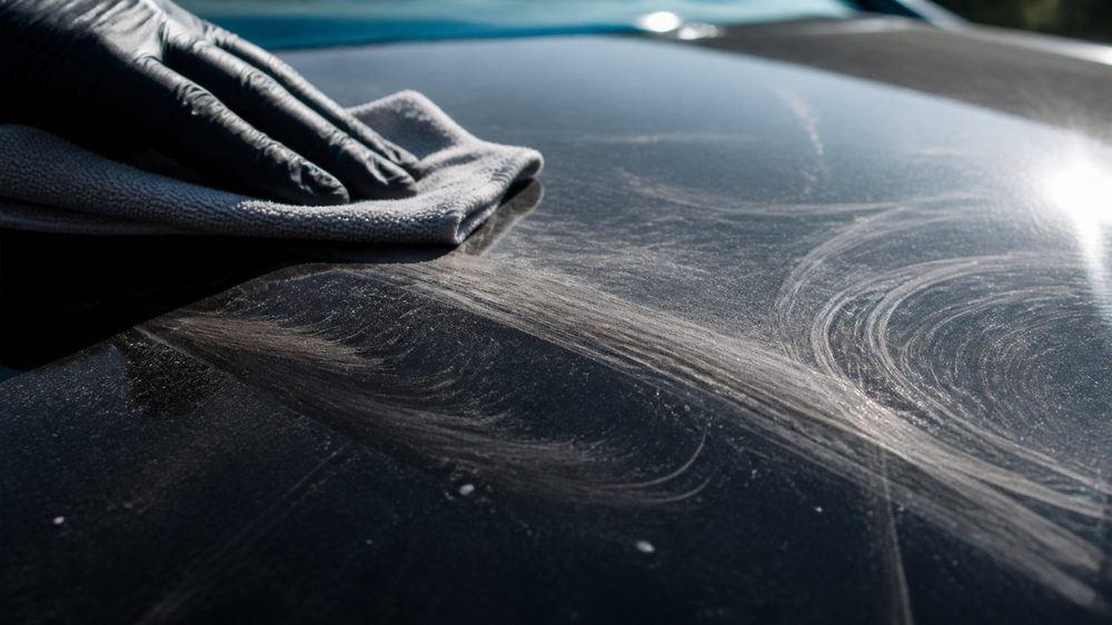 Σκονισμένο καπό με ορατά swirl marks στο πλάγιο φως και στεγνό πανί